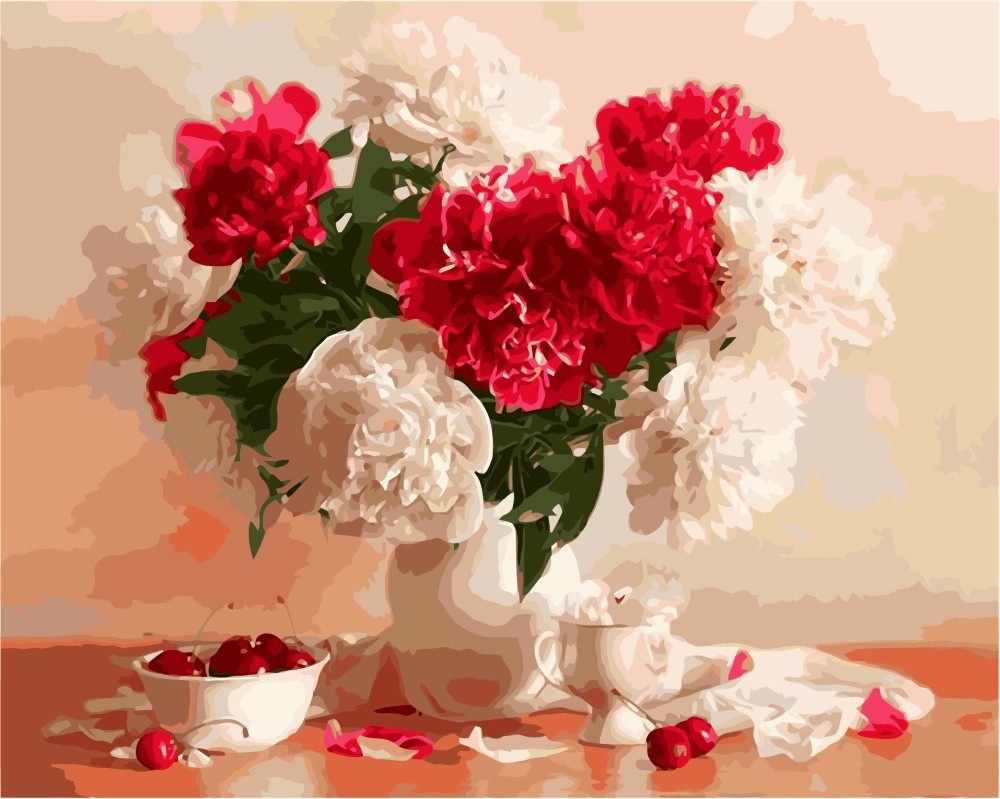 Картина по номерам «Красно- белые пионы и вишни» 400x500 мм.