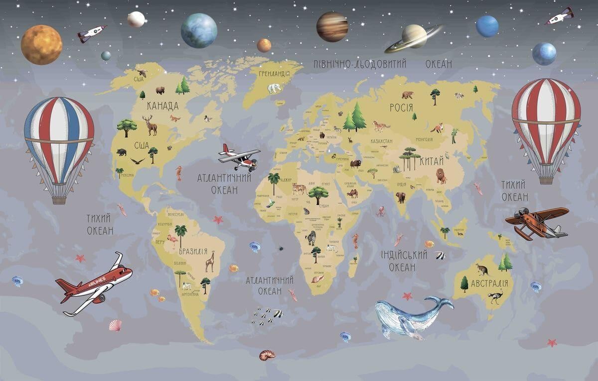 Детская интерьерная наклейка карта «Планеты и самолеты» 150x98 см (1305221)