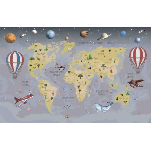 Детская интерьерная наклейка карта «Планеты и самолеты» 150x98 см (1305221)
