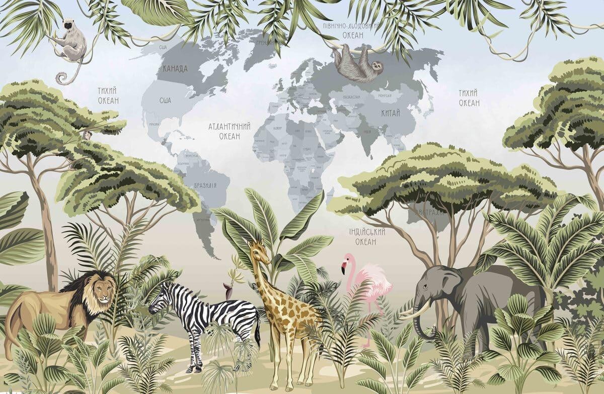 Детская наклейка карта мира «Тропические животные» 94x60см (2704222_3)