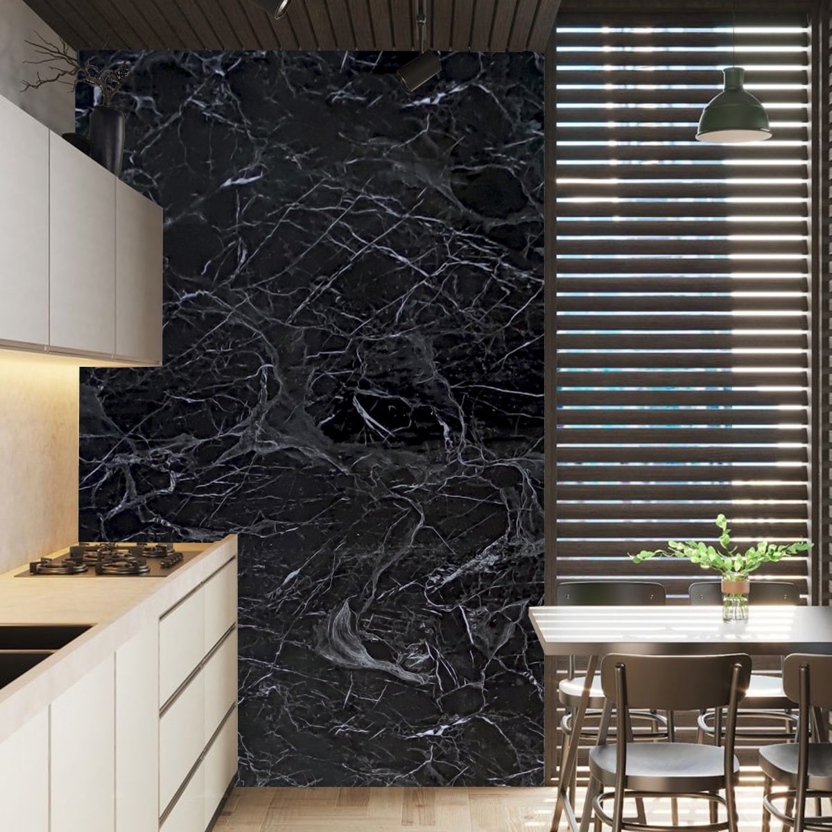 Виниловая плитка в рулоне черный мрамор «Black marble» (81036-1) 3000x600x2мм. - фото 2